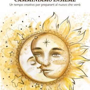 Illustrazione verticale per Camminiamo insieme, con un volto al centro di un sole e una luna.