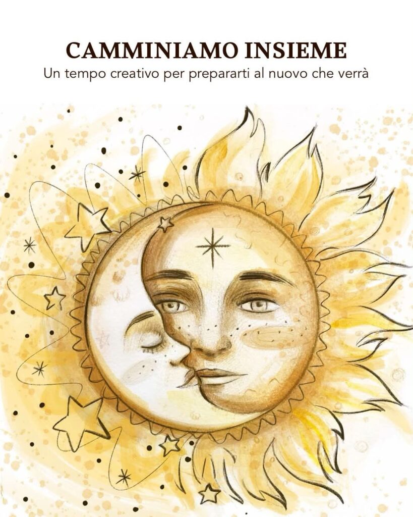 Illustrazione verticale per Camminiamo insieme, con un volto al centro di un sole e una luna.